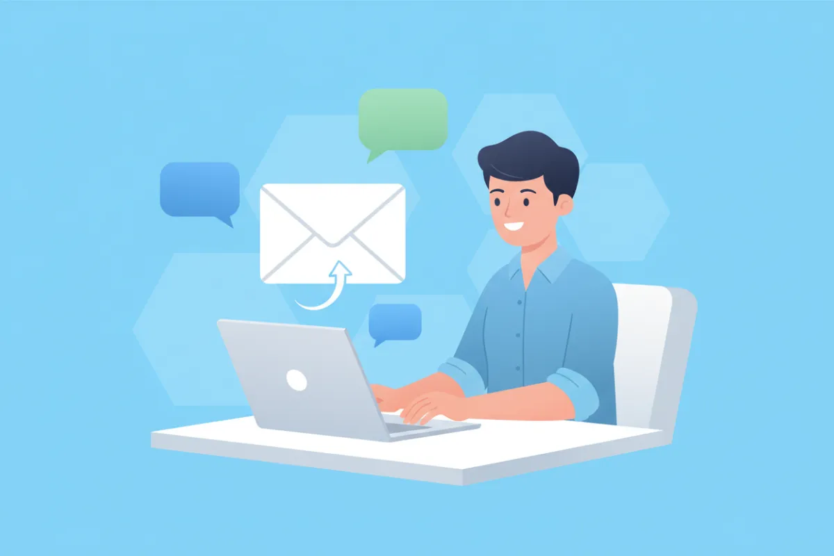 A modern vector illustration of a business owner typing on a laptop at a desk, with a large envelope and chat bubbles floating above. The background is light blue, and the scene conveys approachability and open communication.