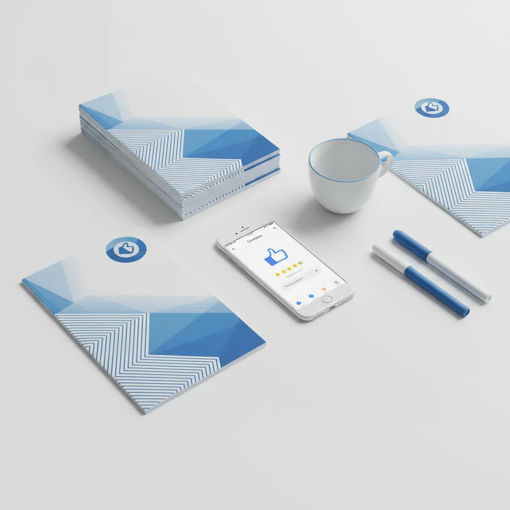 Branded service brochures and smartphone showing Google review page