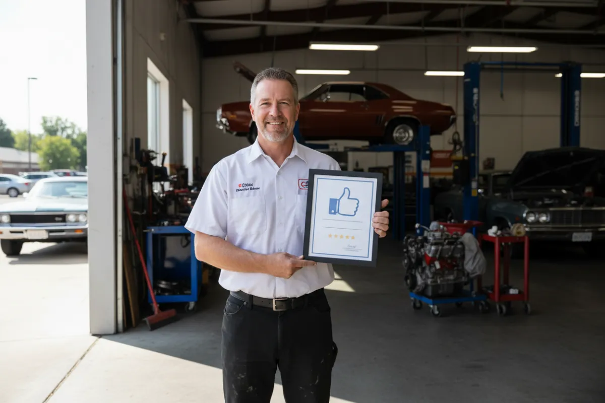 A photorealistic image of a male auto repair shop owner standing proudly in front of his garage, holding a printed Google review certificate. The background shows cars and tools, highlighting professionalism and achievement.