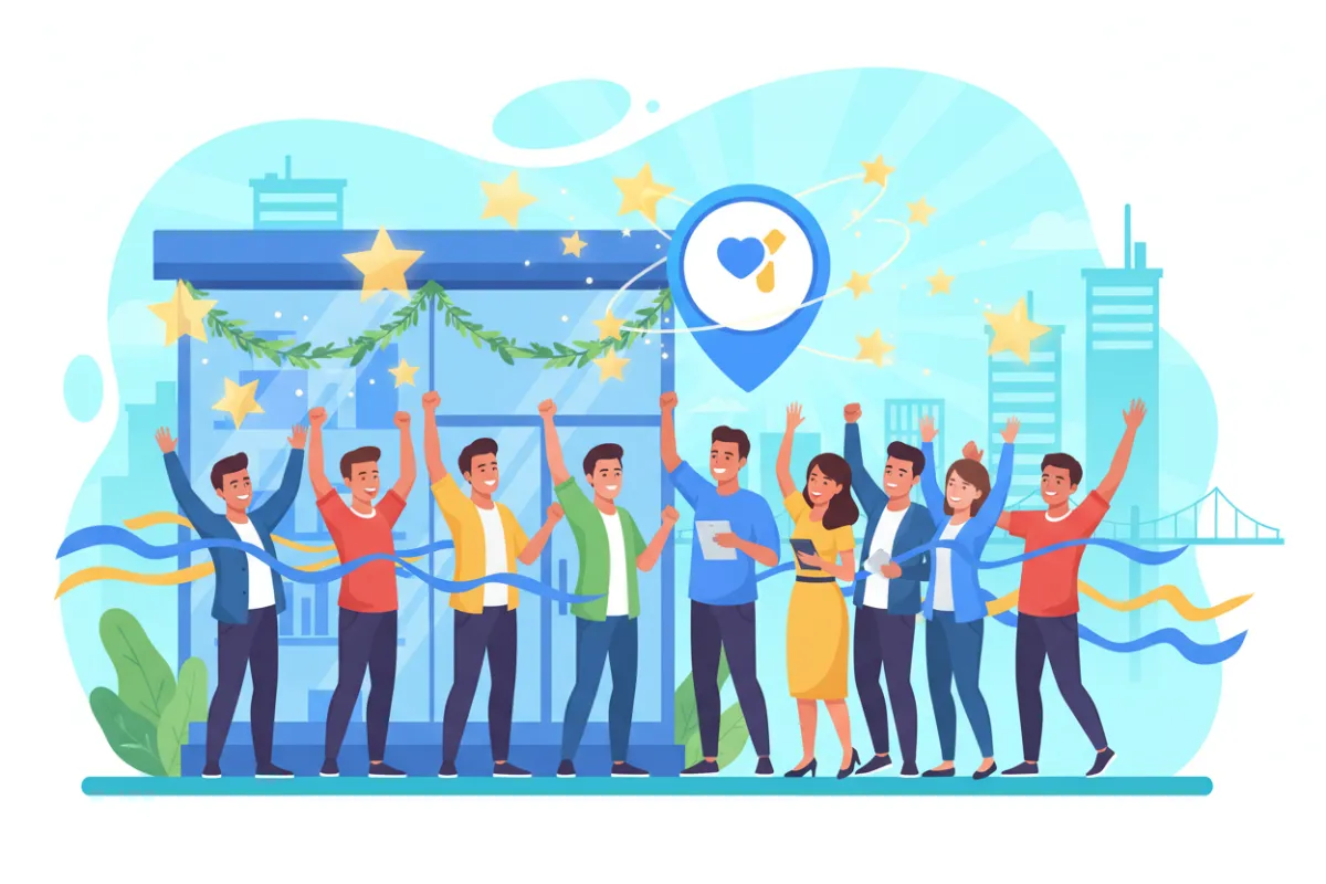 A vibrant digital illustration showing a diverse group of small business owners celebrating in front of a storefront, with floating five-star icons and a large Google review badge. The background features a city street with subtle blue gradients, conveying success and positivity.