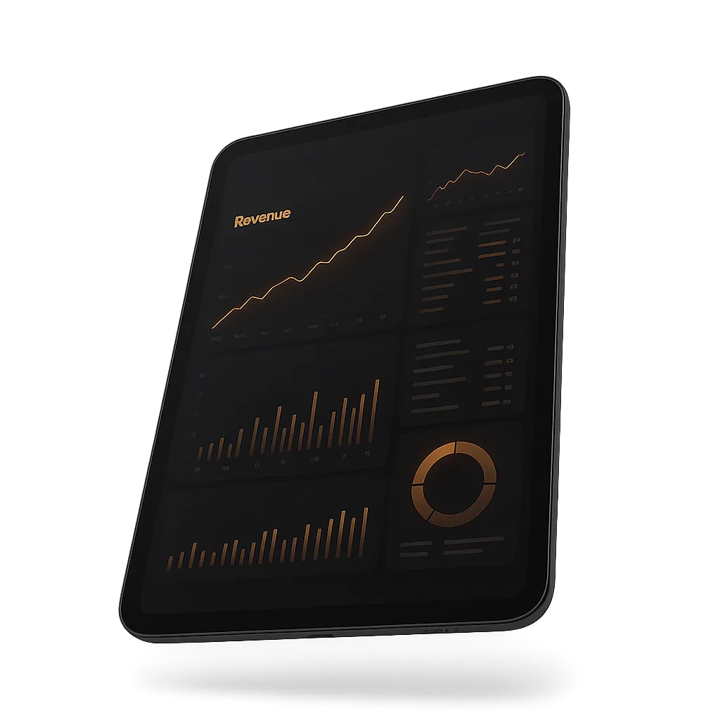 High-end matte black tablet displaying subtle glowing orange revenue charts