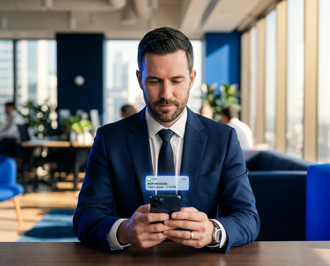 Professional client receiving instant SMS notification updates on smartphone
