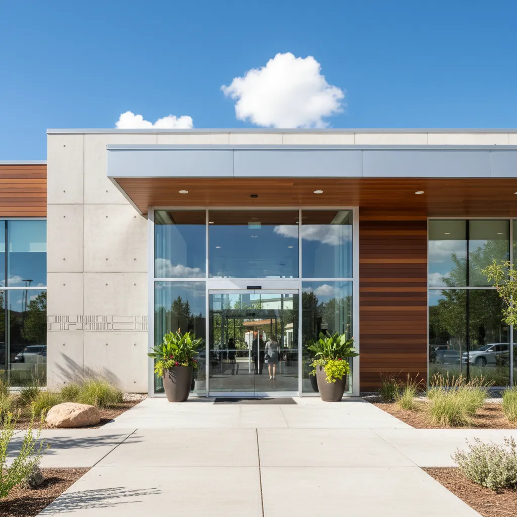 Modern real estate office exterior in Littleton, glass facade, welcoming entrance, sunny day, 1:1 aspect ratio, architectural photography