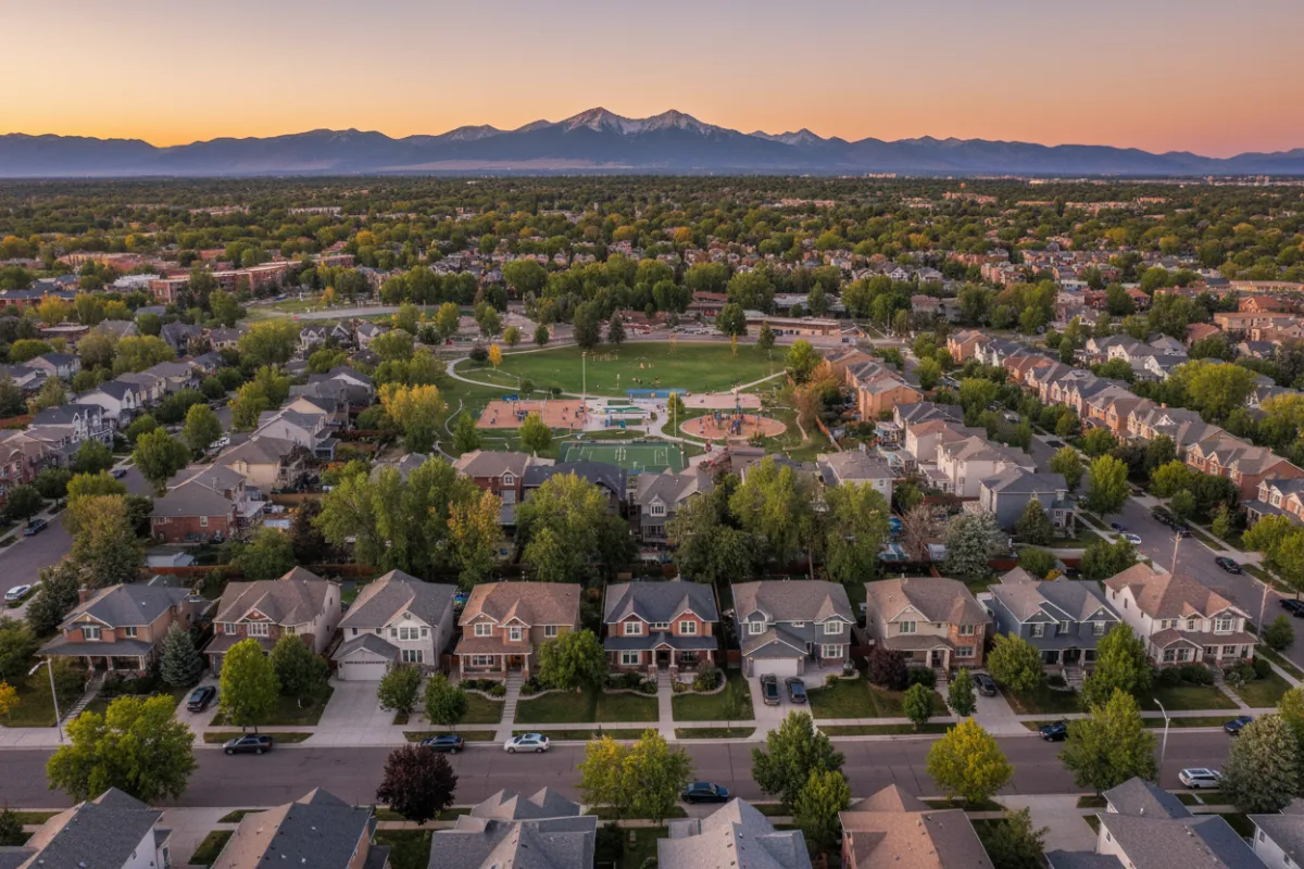 Aerial view of a vibrant Littleton neighborhood with diverse homes, tree-lined streets, and mountain backdrop, captured in warm evening light, 3:2 aspect ratio, modern digital photography