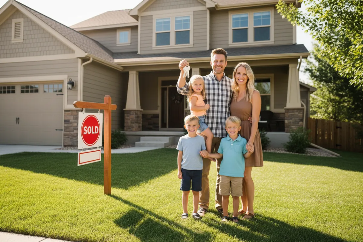 Happy family standing in front of their new Littleton home, holding keys and smiling, with a prominent 'sold' sign in the yard. The image is shot in a documentary style during a bright afternoon, emphasizing joy and achievement in a 3:2 aspect ratio.