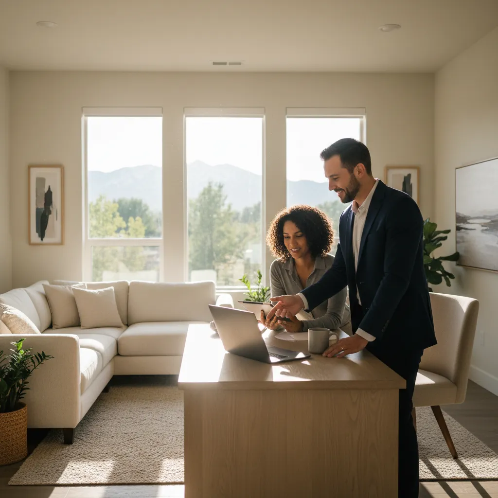 Professional real estate agent consulting with a diverse couple in a sunlit Littleton home office, 1:1 aspect ratio, candid, natural light, contemporary style