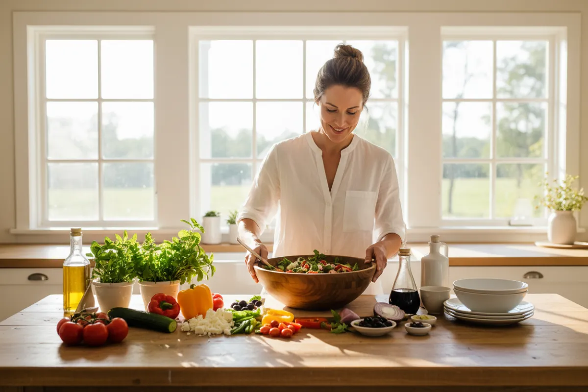 A bright kitchen scene with a woman in her 30s preparing a Mediterranean salad, surrounded by fresh vegetables, herbs, and olive oil. Sunlight streams through the window, highlighting the vibrant colors and healthy ingredients.