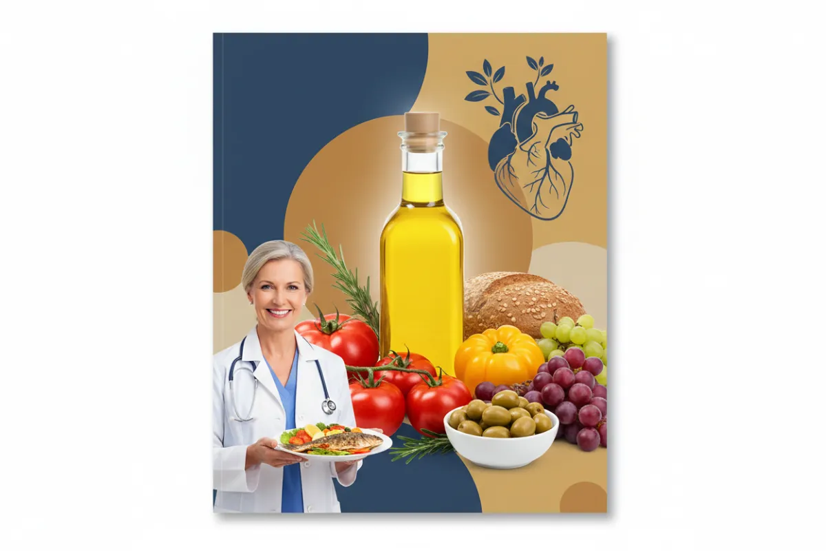 A magazine cover montage featuring headlines about the Mediterranean Diet, with images of fresh produce, olive oil, and a smiling doctor. The colors are warm and inviting, with a professional, polished look.