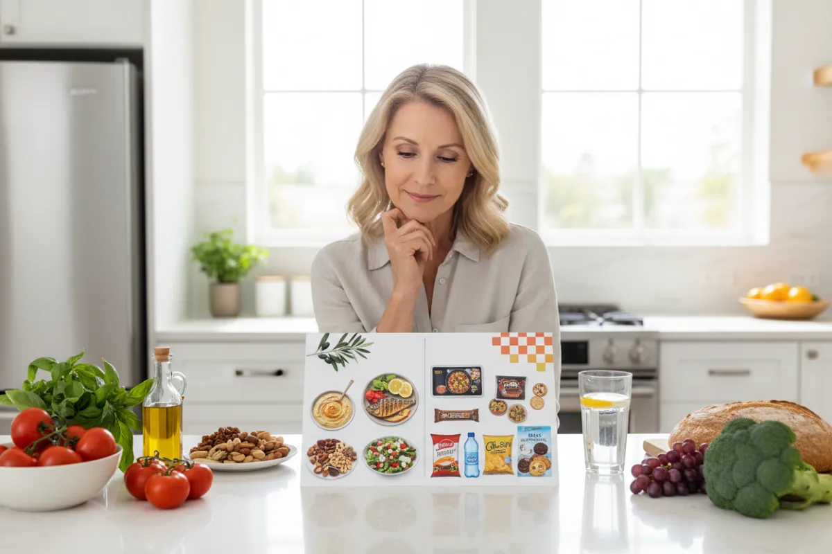 A comparison chart on a kitchen counter, showing Mediterranean foods versus processed diet foods. A woman in her 50s looks thoughtfully at the chart, surrounded by fresh produce and a glass of water. The setting is bright and modern.