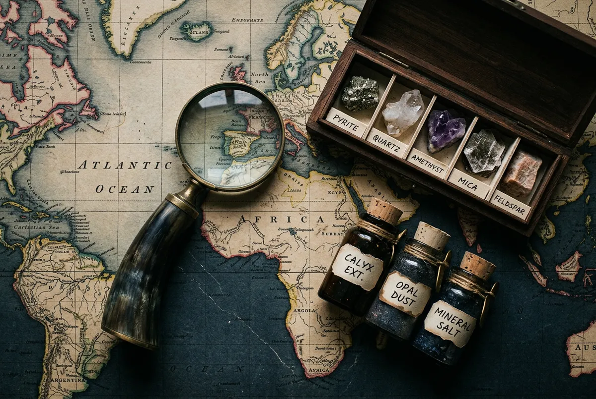 Antique magnifying lens with horn handle, geological mineral specimen box, and apothecary glass vials