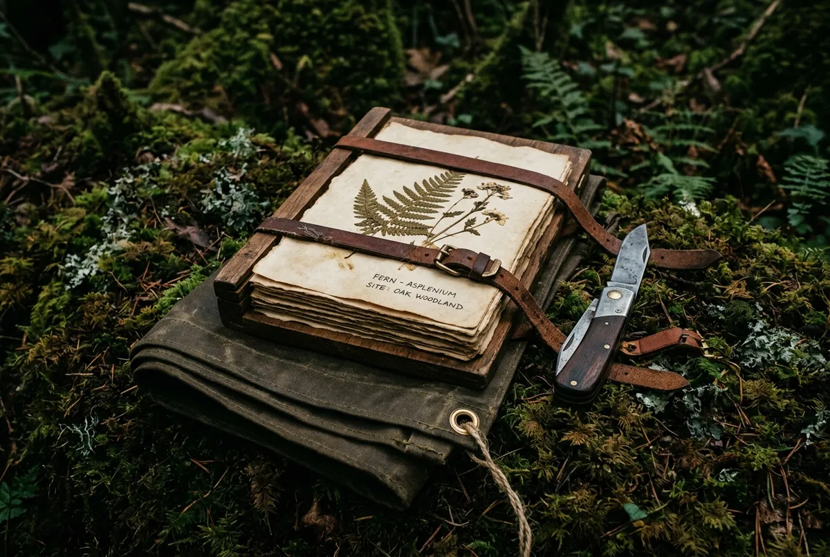 Wooden botanical specimen plant press, folding steel pocket knife, and oiled canvas shelter tarp