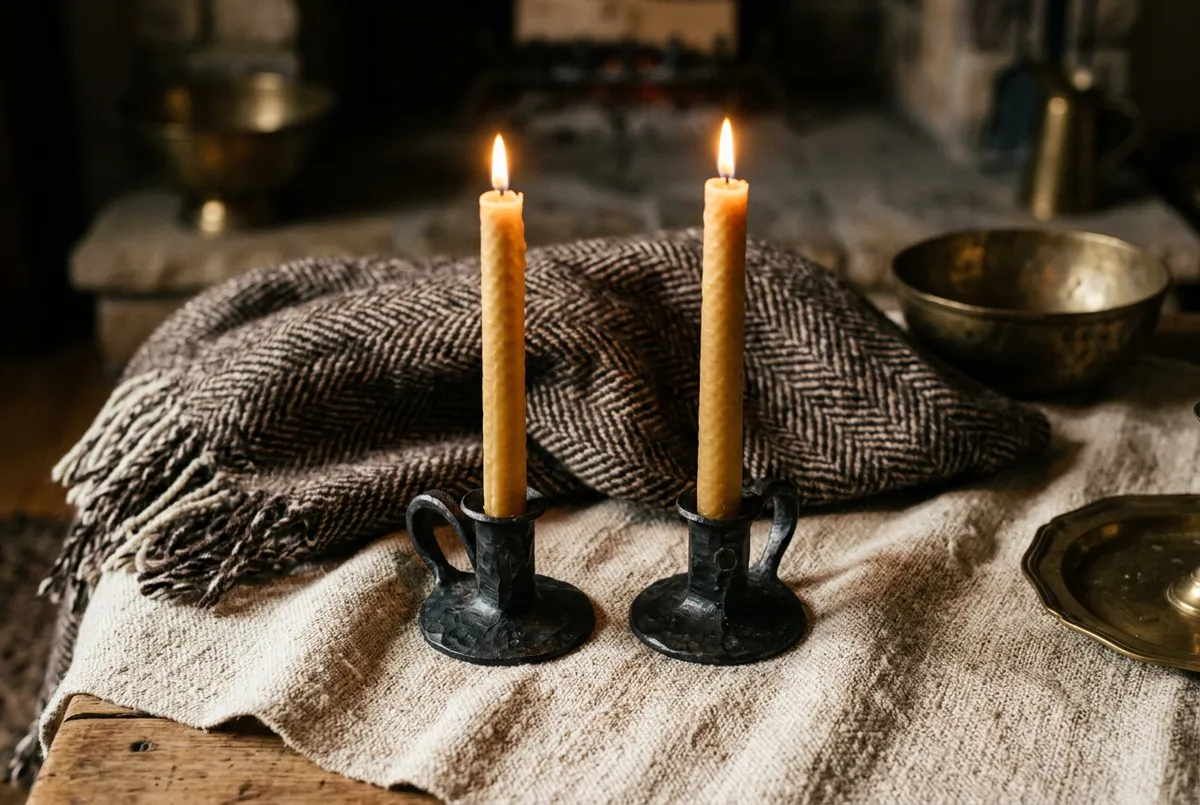 Beeswax tapers, heavy woven wool throw blankets, and hand-forged iron candleholders