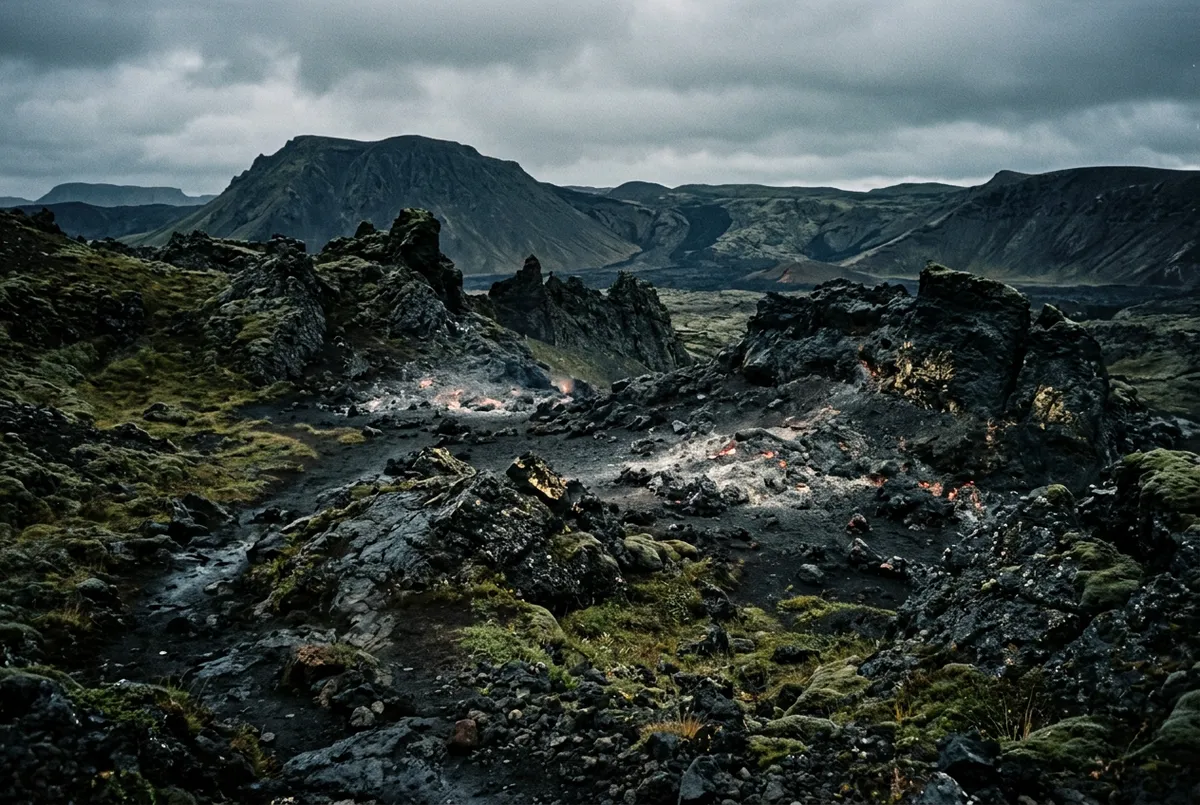 Ember Highlands windswept basalt caldera and thermal plume landscape photograph