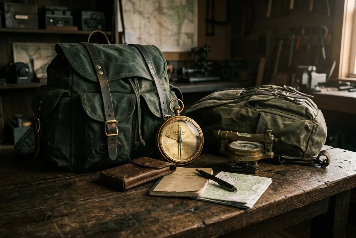 Waxed canvas rucksacks and brass surveyor compasses