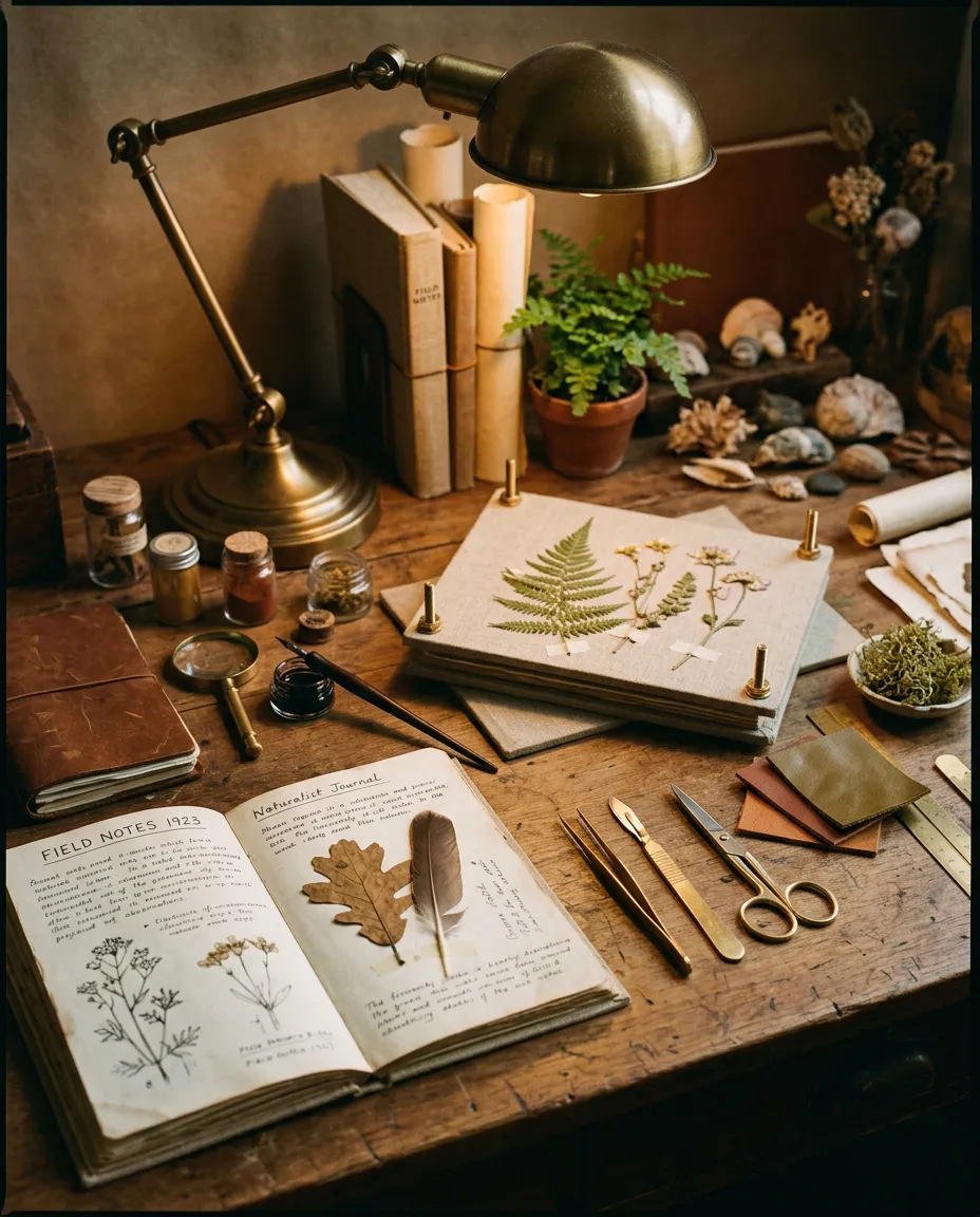 Founder workspace with naturalist notebooks, field botany specimens, and brass tools