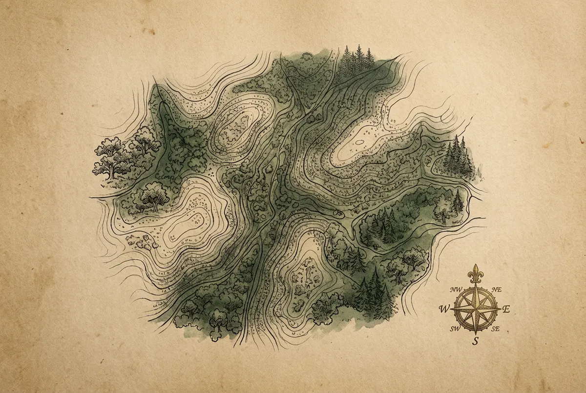 Antique sepia sketch illustration of winding wildwood cartography with magnetic compass markings