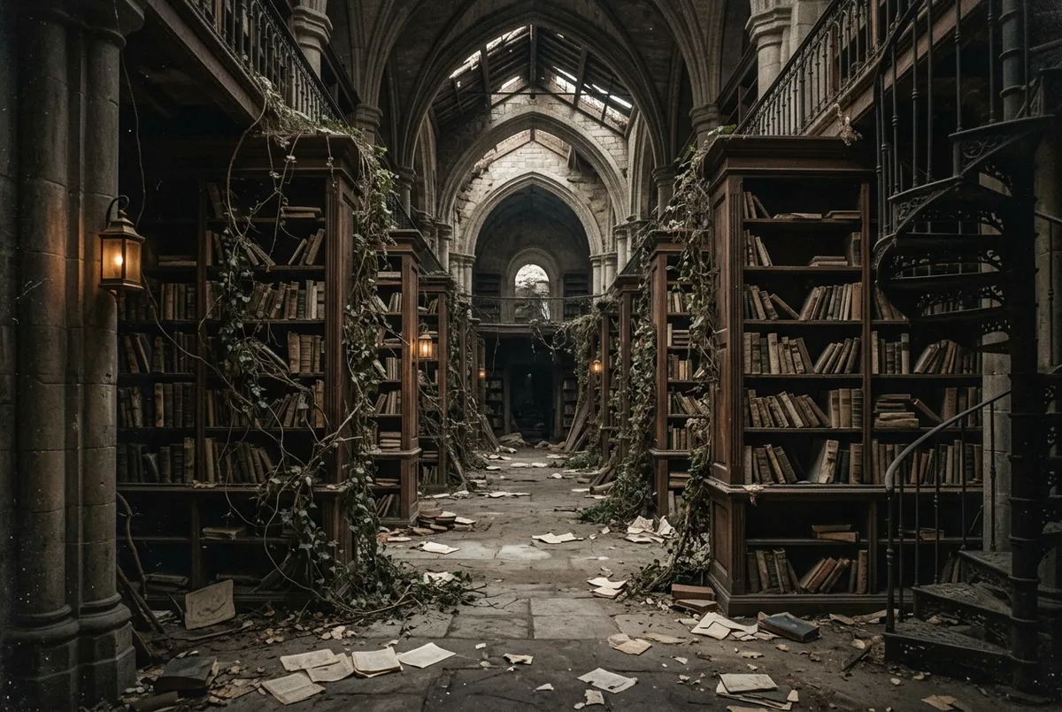 Forgotten Library vaulted stone corridors and antique codices landscape photograph