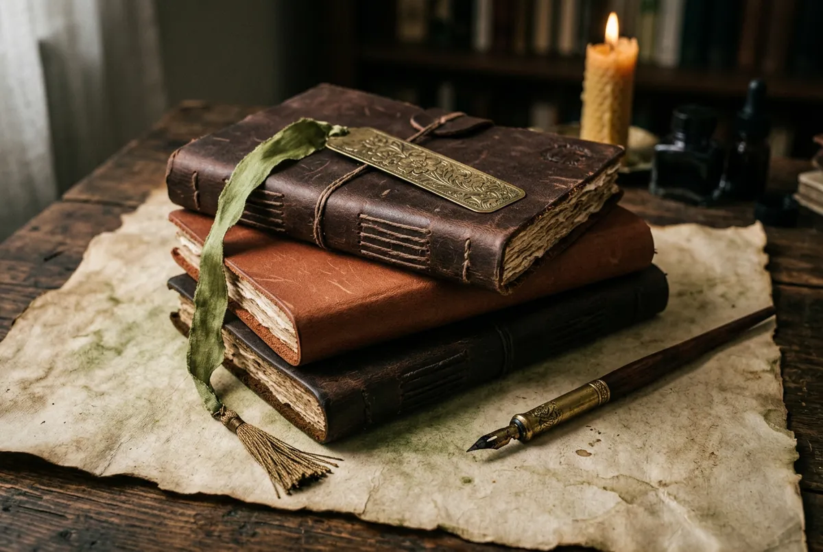 Archival leather-bound journals, brass dip pens, and iron-gall ink pots