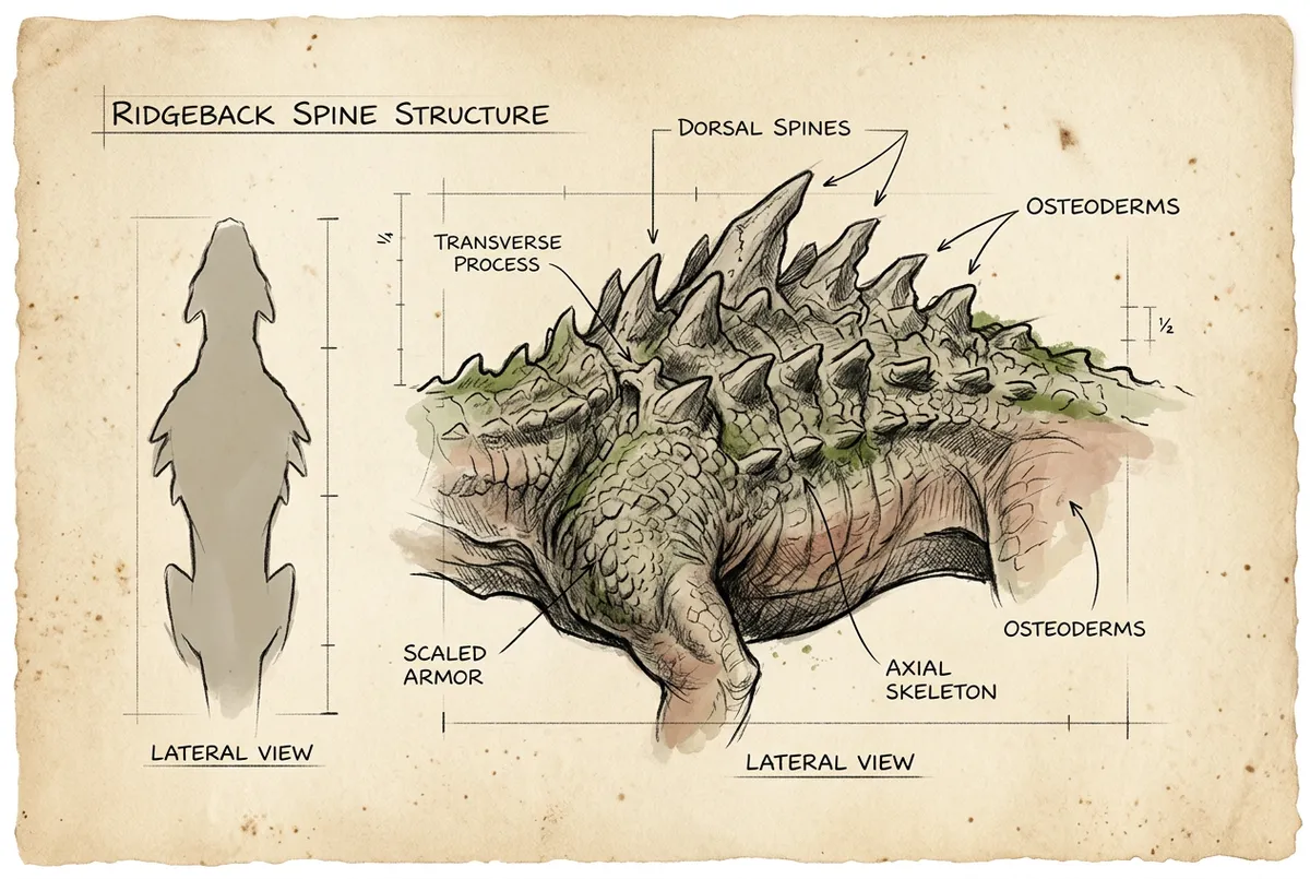 Fine naturalist sketch drawing of a dragon-like Ember Ridgeback creature with anatomical annotations