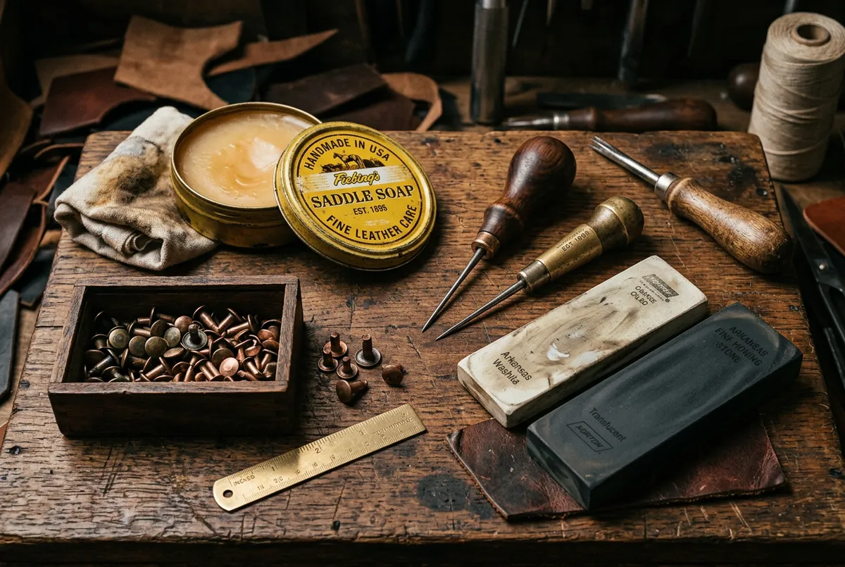 Saddle soap tin, copper craft rivets, hand awls, and Arkansas whetstones on workbench