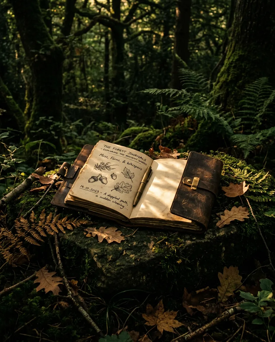 Sunlight filtering through ancient forest canopy with botanical field journal resting on mossy stone