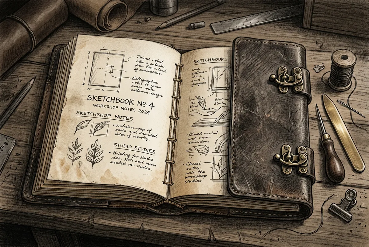Detailed ink sketch of hand-bound leather journal with brass clasps, linen thread, and bookbinding tools