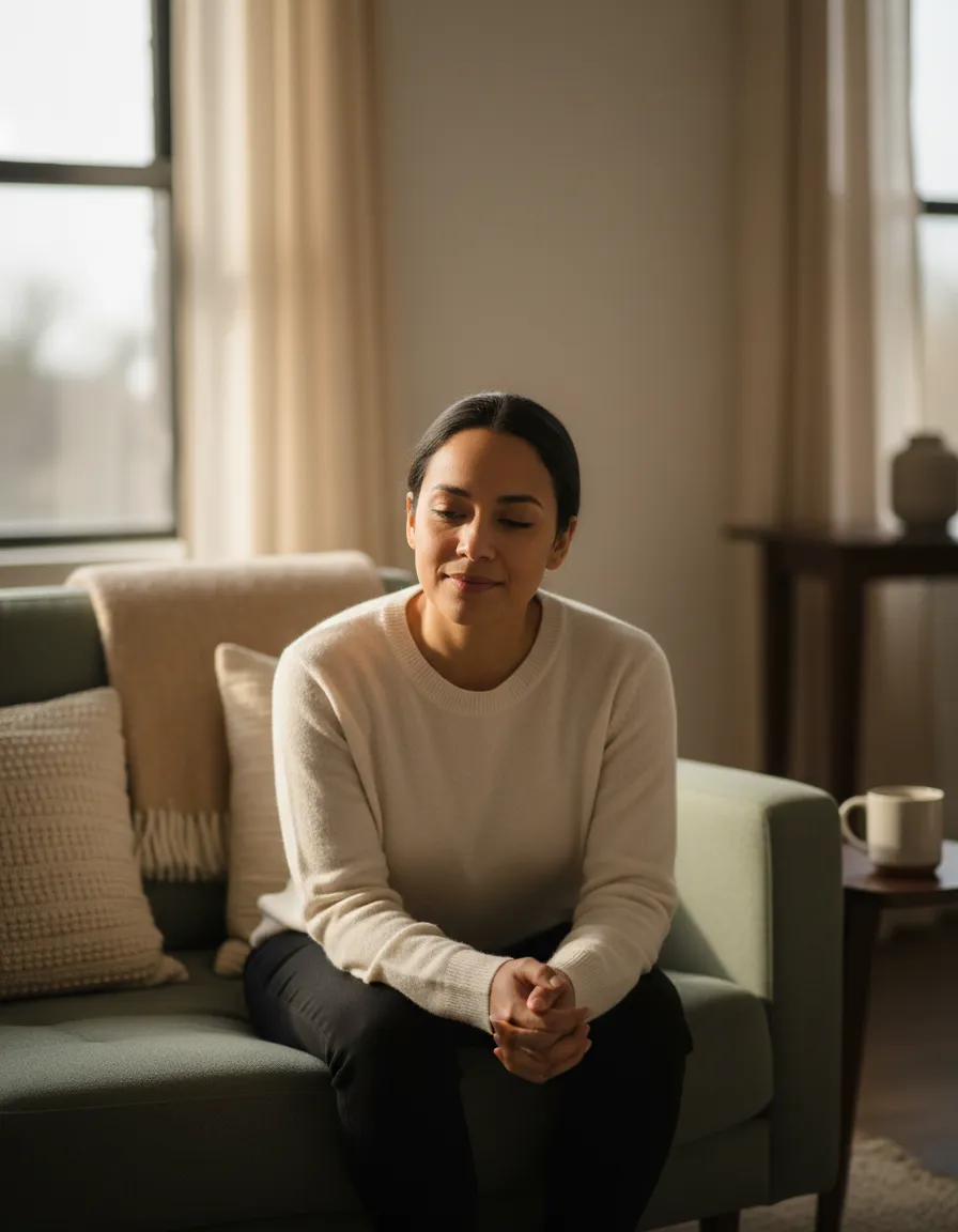 A calm, thoughtful adult reflecting in a warm, soft-focus wellness environment.