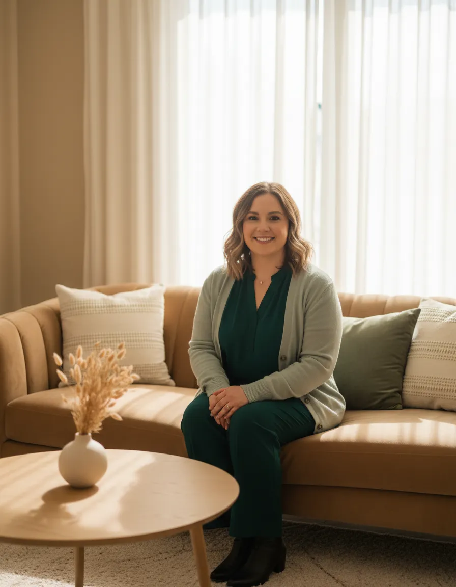 A warm and inviting natural-lit scene of a therapist conducting an online counselling session