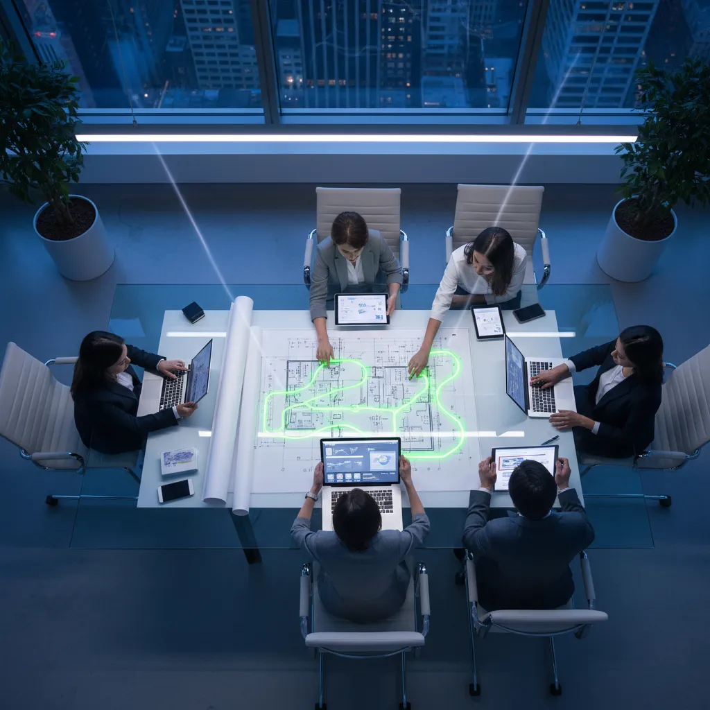 Overhead view of a business team collaborating on a large printed blueprint, neon green highlights, modern workspace, 1:1 aspect ratio