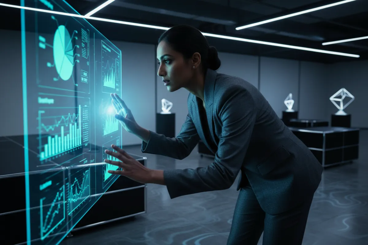 Futuristic digital dashboard with business analytics charts, glowing blue and neon green accents, diverse business owner reviewing data, modern office background, 3:2 aspect ratio