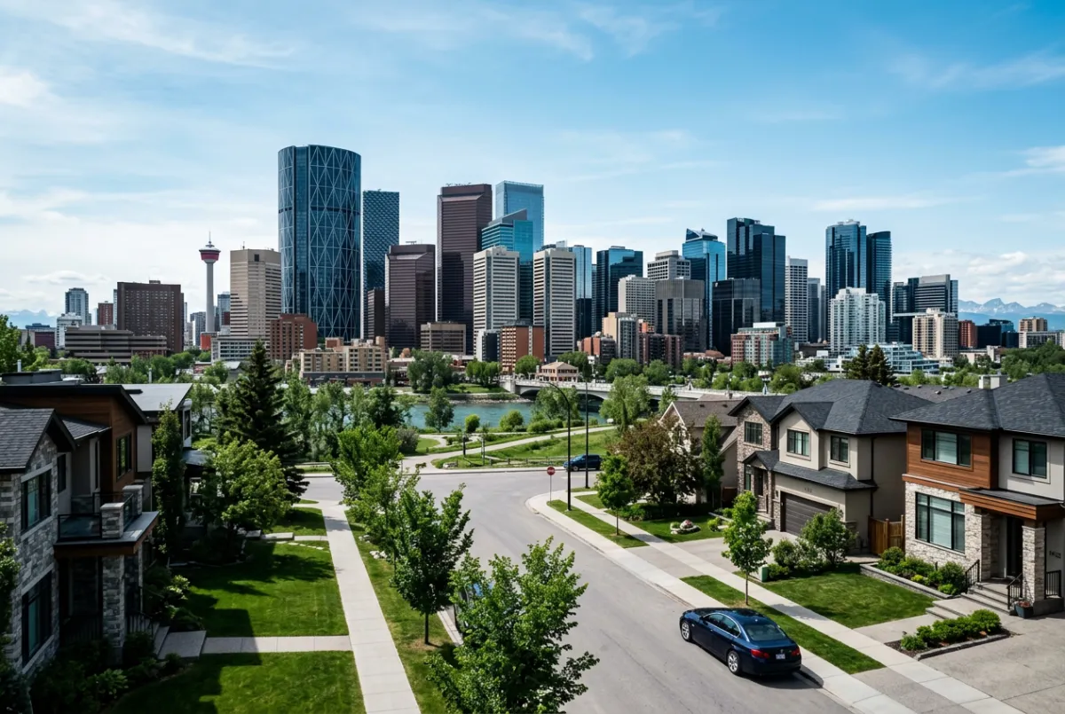 Computer technician dispatch van in front of Calgary downtown skyline and local residential neighborhood