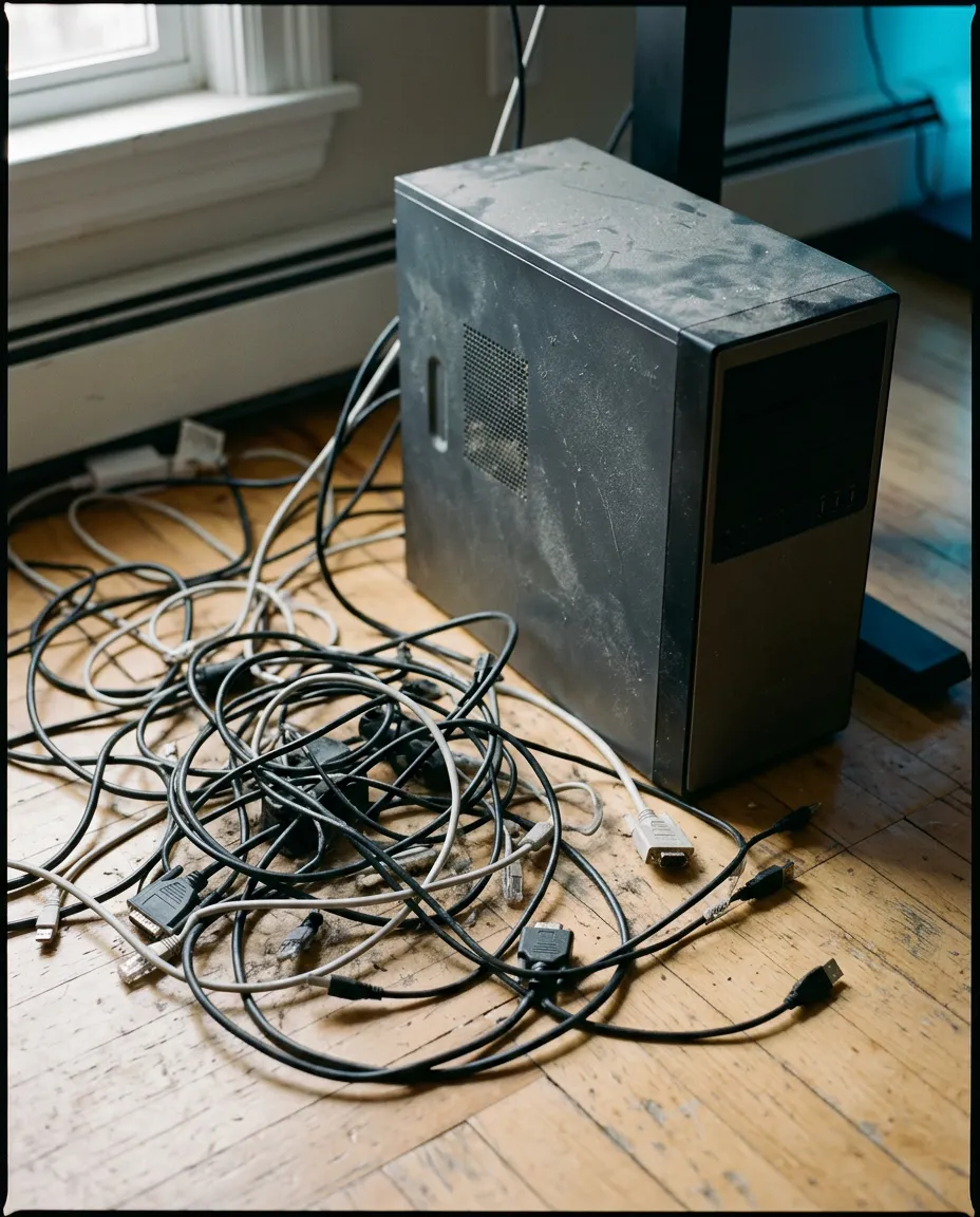 Frustrated homeowner looking at unplugged computer tower and tangled cords