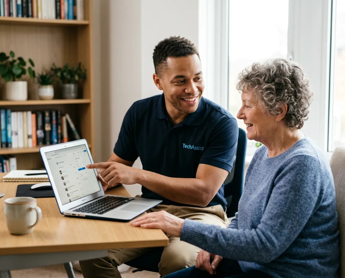 Friendly technician patiently explaining computer software steps to a senior customer at a bright home desk