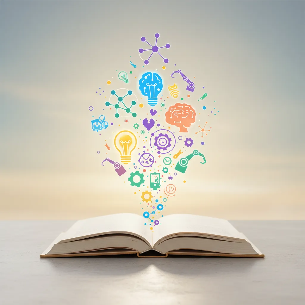 A single open book with AI-themed icons emerging, soft natural light, 1:1 aspect ratio