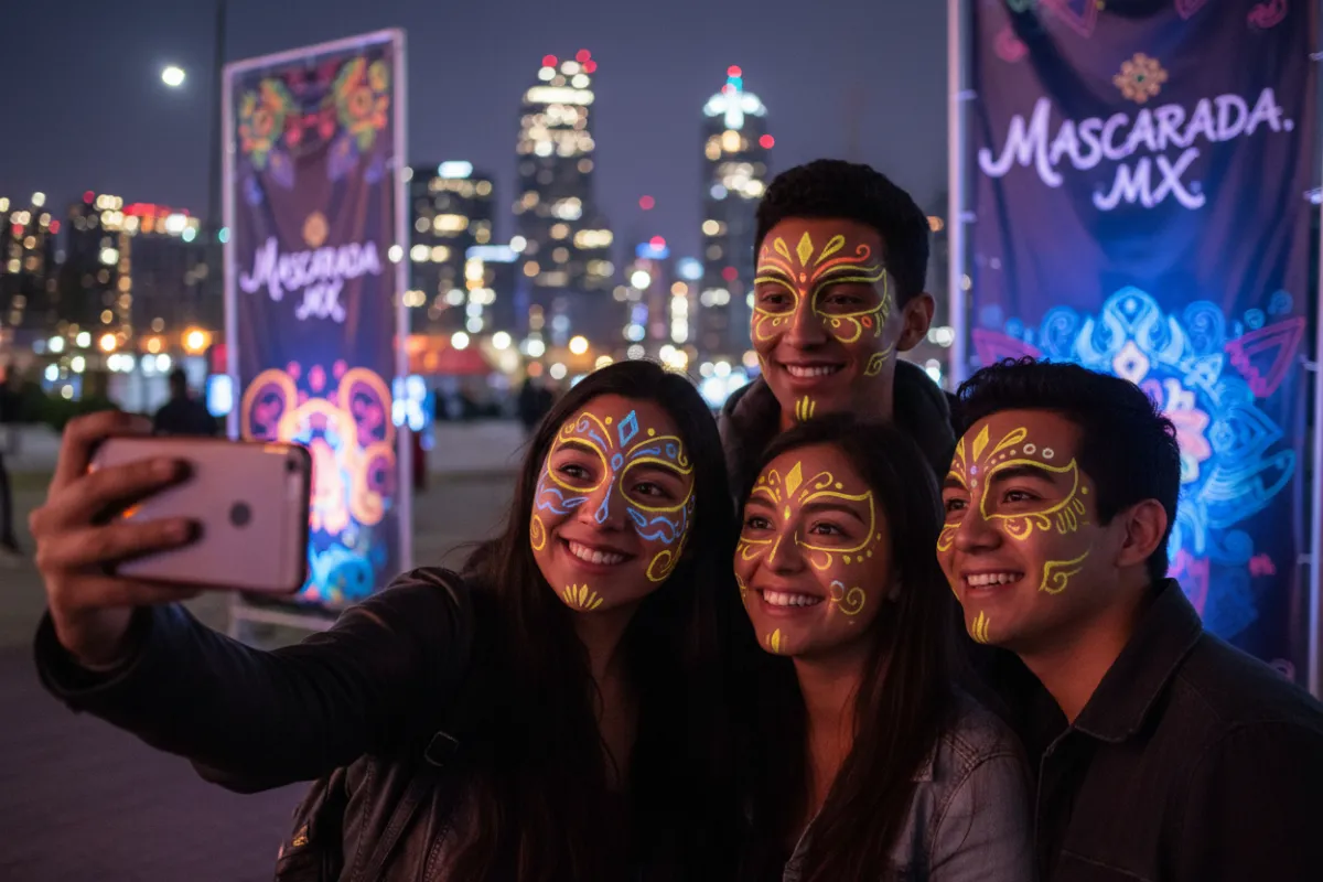 Un grupo de jóvenes, con caras pintadas con máscaras intrincadas, posan para un selfie de noche. Detrás, las luces de la ciudad y los carteles del evento brillan, resaltando el espíritu festivo e inclusivo de Mascarada MX.