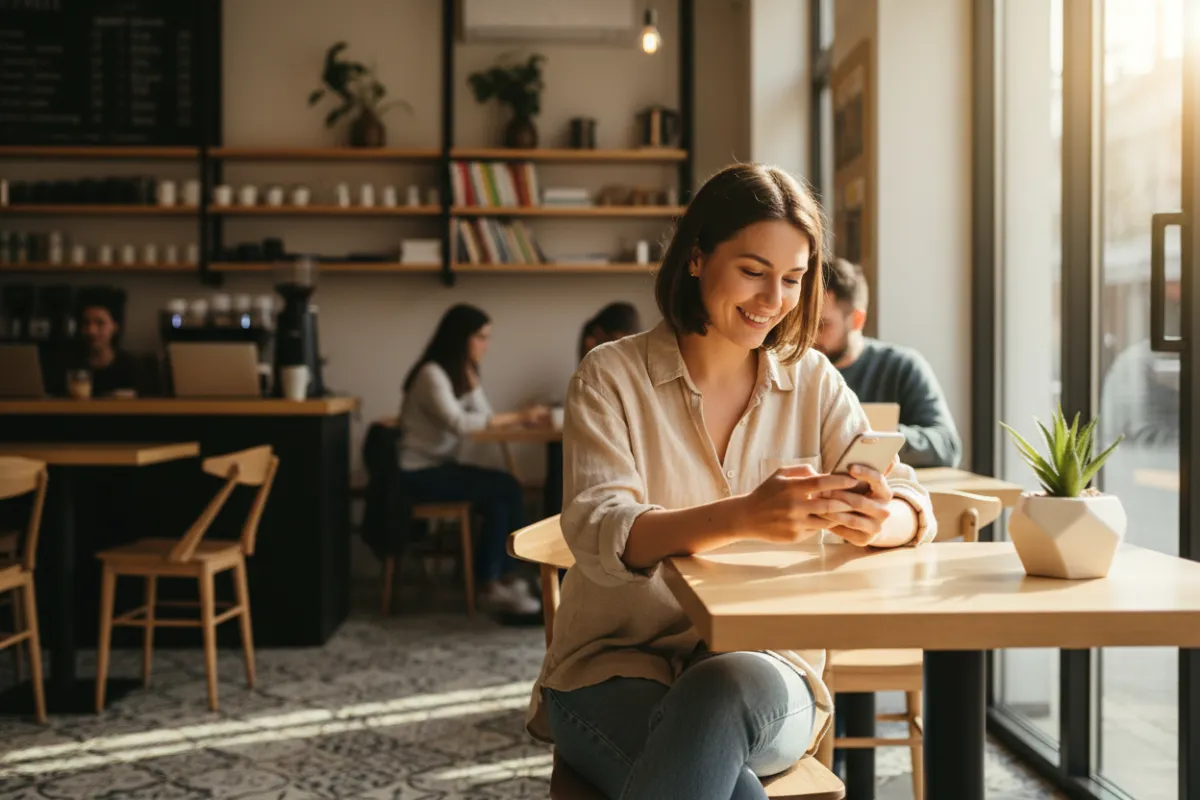 Una joven sonriente con ropa casual está sentada en una mesa de café, escribiendo su correo en el teléfono. La luz del sol entra por la ventana y hay una pequeña planta en la mesa. La escena es acogedora y moderna, sugiriendo la facilidad de unirse a la comunidad.