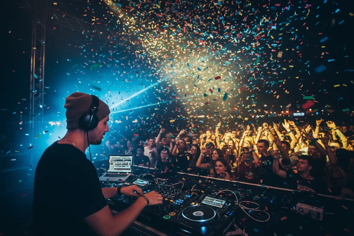Un DJ está en una mesa de mezclas con auriculares, mientras confeti cae y la multitud baila con las manos en alto. La iluminación es vívida y colorida, capturando la emoción y la vibra moderna del evento.