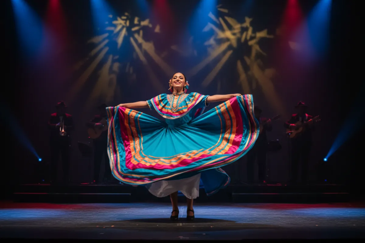 Una bailarina con un vestido folclórico de colores brillantes gira en el escenario, su movimiento capturado a mitad de vuelta. El fondo presenta iluminación dinámica y músicos desenfocados, destacando la energía y el arte de la actuación.