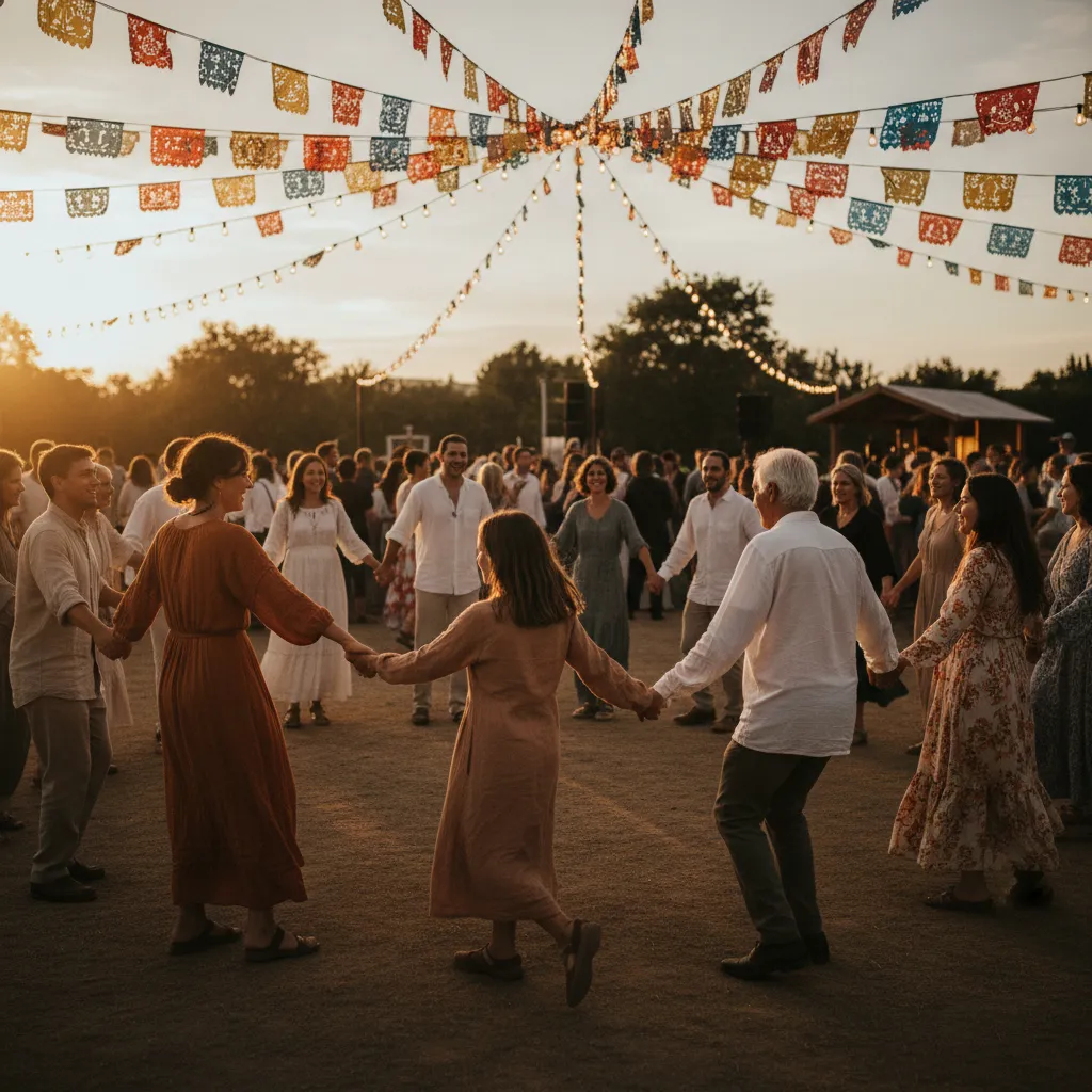 Un grupo de familiares y amigos bailando juntos en un animado evento al aire libre, sonriendo y tomados de la mano, con luces y decoraciones coloridas.