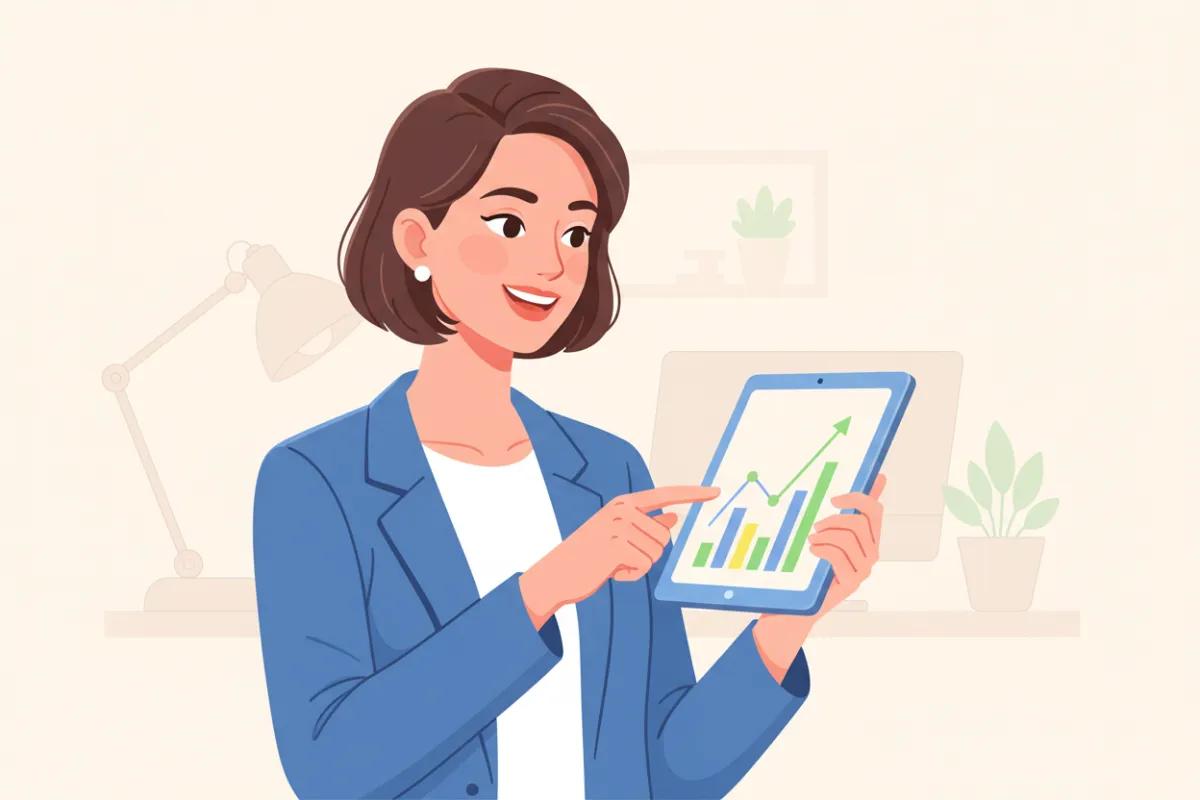 Ilustración moderna de una empresaria sonriente revisando gráficos de crecimiento en una tablet, con fondo claro y elementos de oficina difuminados. El estilo es limpio, colores vibrantes y detalles suaves, transmitiendo optimismo y profesionalismo en un entorno de trabajo amigable.