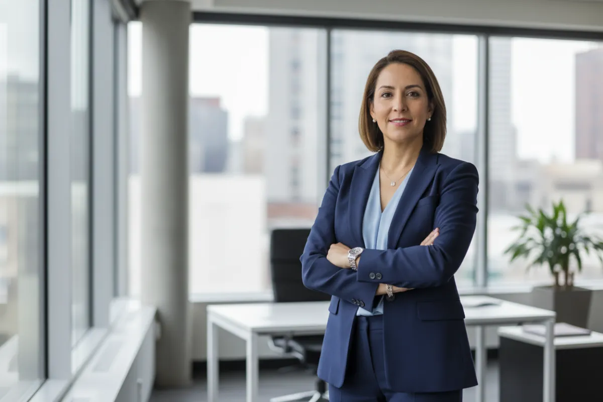 Directora de consultoría digital, mujer ejecutiva latina, de pie en una oficina moderna con ventanales, fondo desenfocado, estilo fotográfico profesional, aspecto seguro y profesional, composición limpia, 3:2