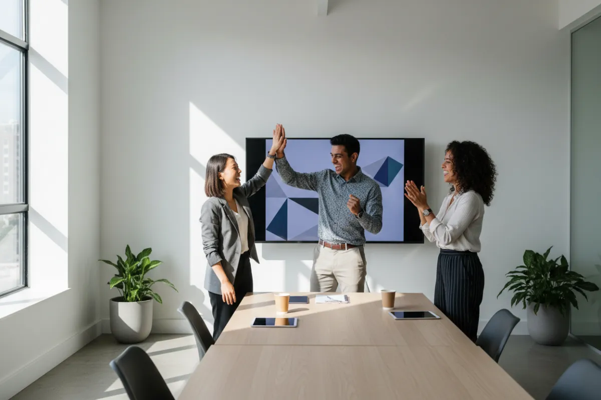 Fotografía de un pequeño grupo de empresarios diversos celebrando un logro en una sala de reuniones moderna, con luz natural y decoración minimalista. El ambiente es profesional y alegre, mostrando colaboración y éxito en un entorno de trabajo actual.