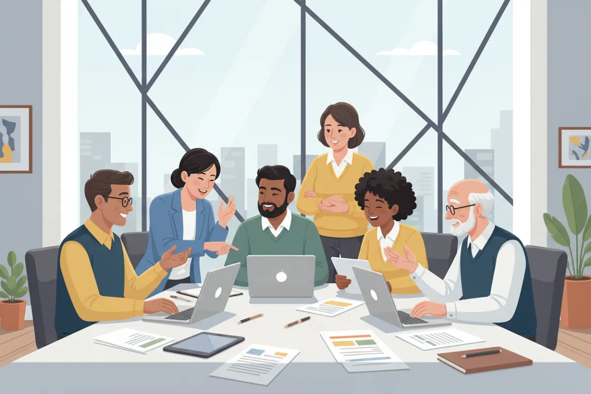 Equipo diverso de consultores digitales, hombres y mujeres de diferentes edades y etnias, reunidos alrededor de una mesa con laptops y documentos, ambiente colaborativo, fondo de oficina moderna, estilo ilustración digital limpia, 3:2