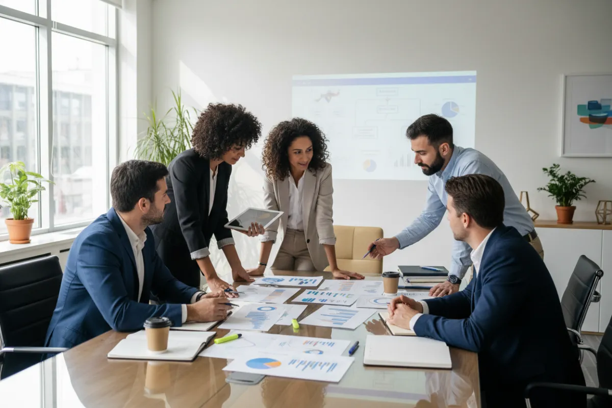 Equipo diverso de consultores de Consultoría Innova reunidos en una oficina luminosa, revisando gráficos y estrategias en una mesa de trabajo, ambiente colaborativo y profesional, estilo realista, composición 3:2.