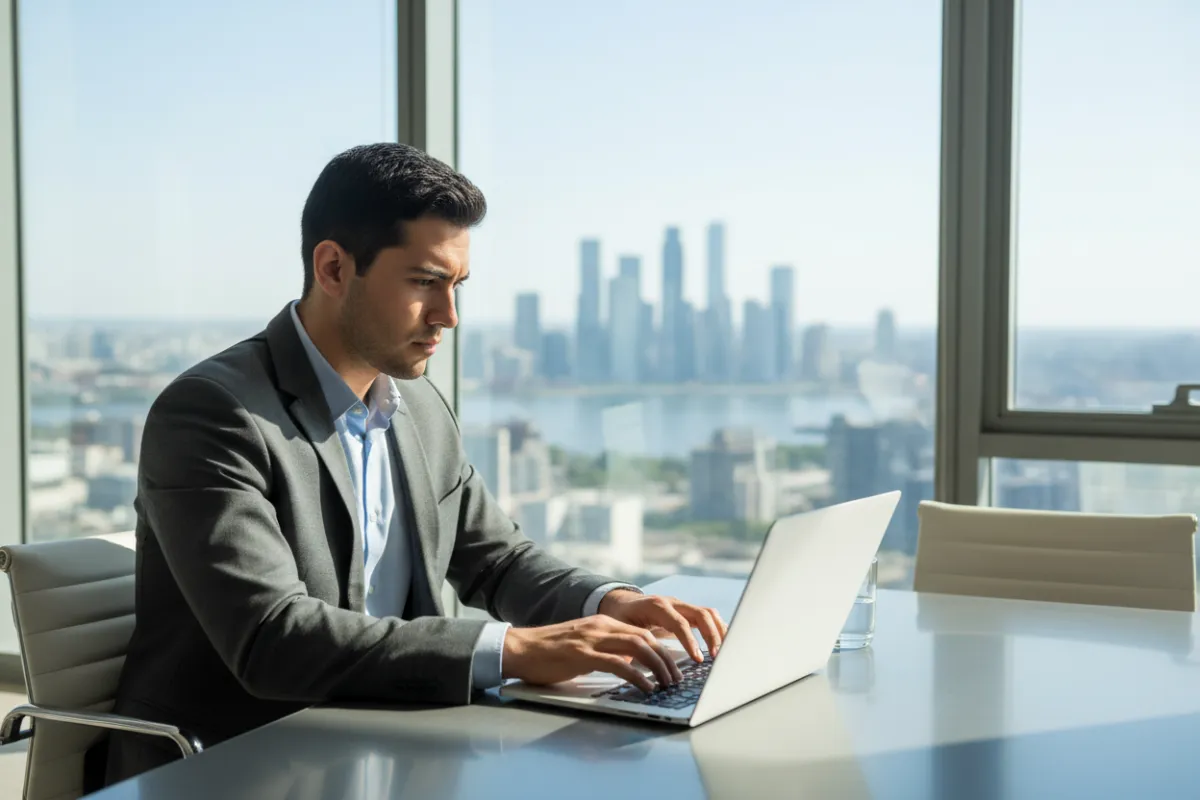 Hombre ejecutivo latino, joven, usando laptop en sala de reuniones luminosa, fondo de ciudad a través de ventanales, estilo fotográfico moderno, ambiente profesional, composición limpia, 3:2