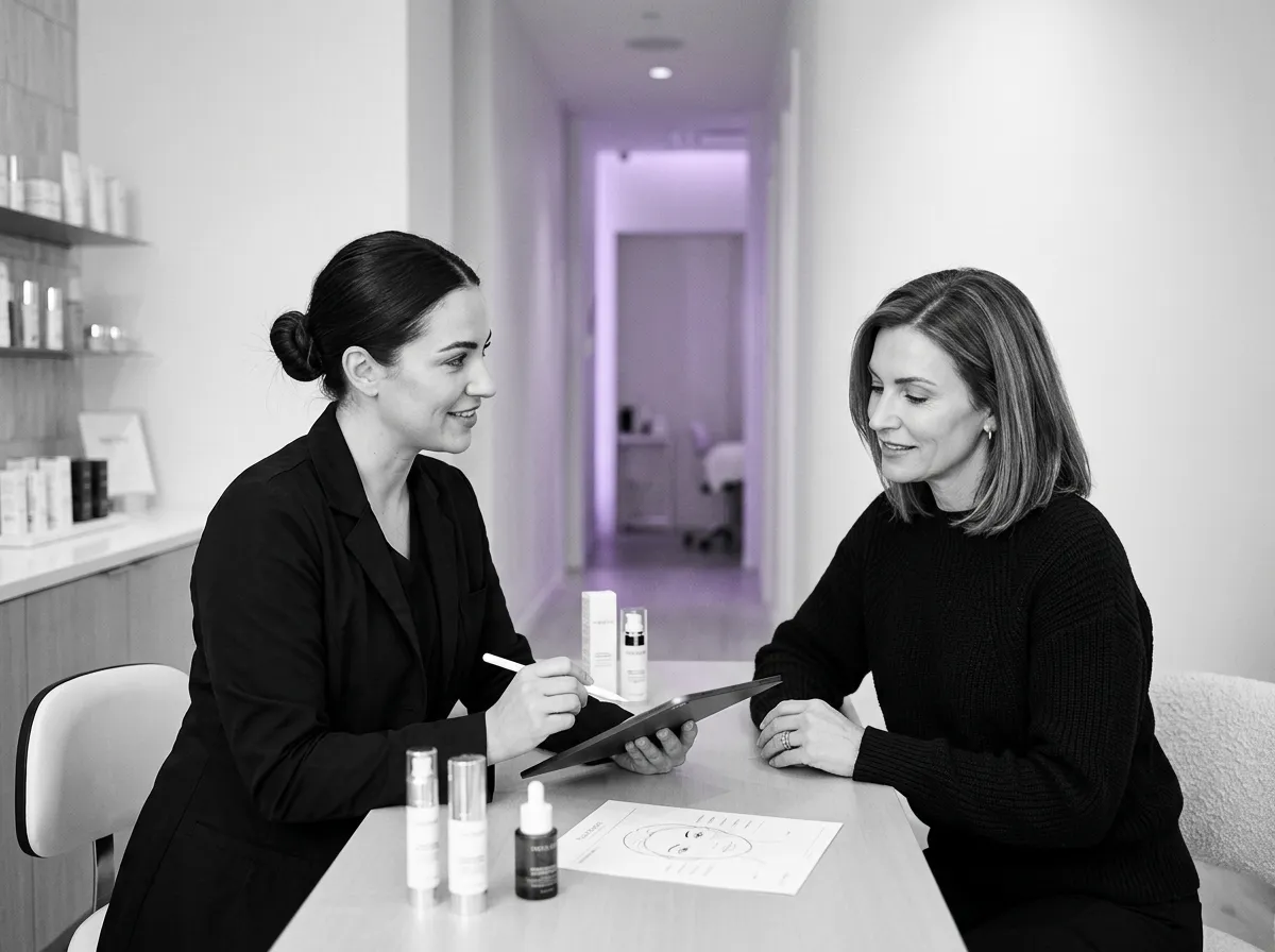 Private aesthetician consulting a discerning client on a customized treatment regimen