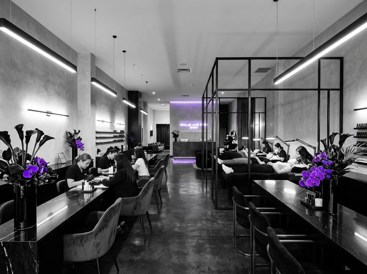 Bustling luxury salon with fully booked aesthetic treatment stations