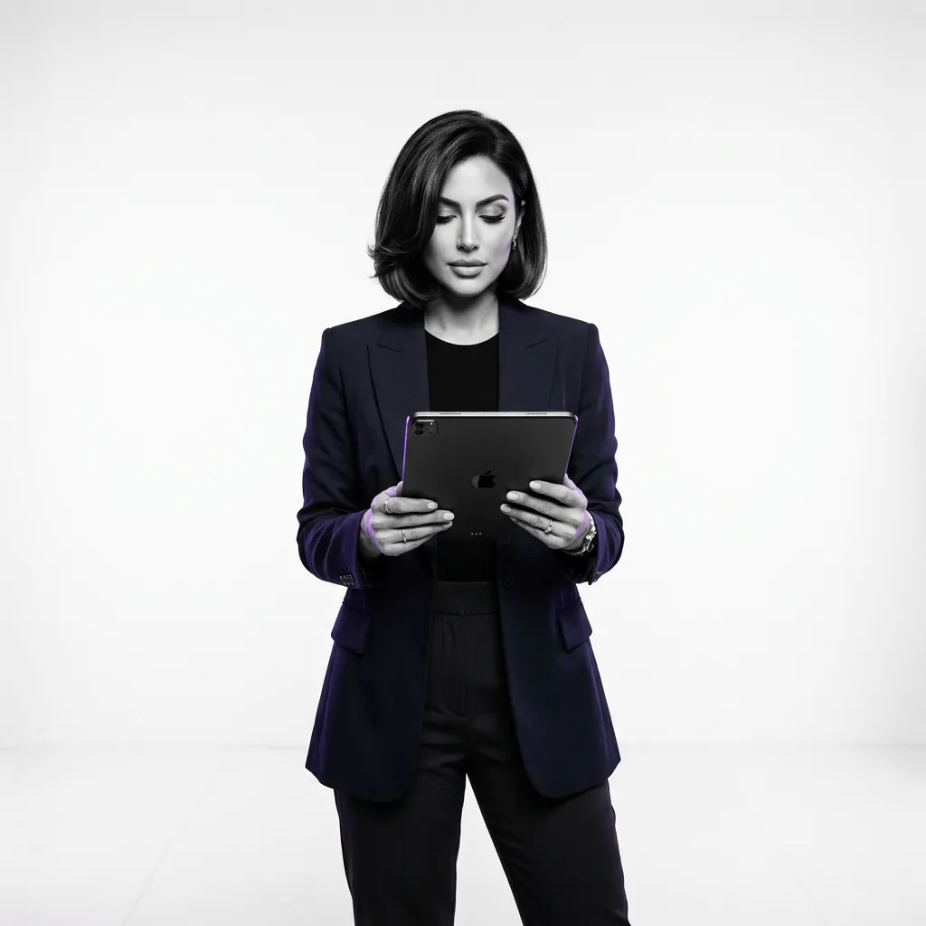 Salon professional interacting with a modern scheduling interface on a sleek digital tablet