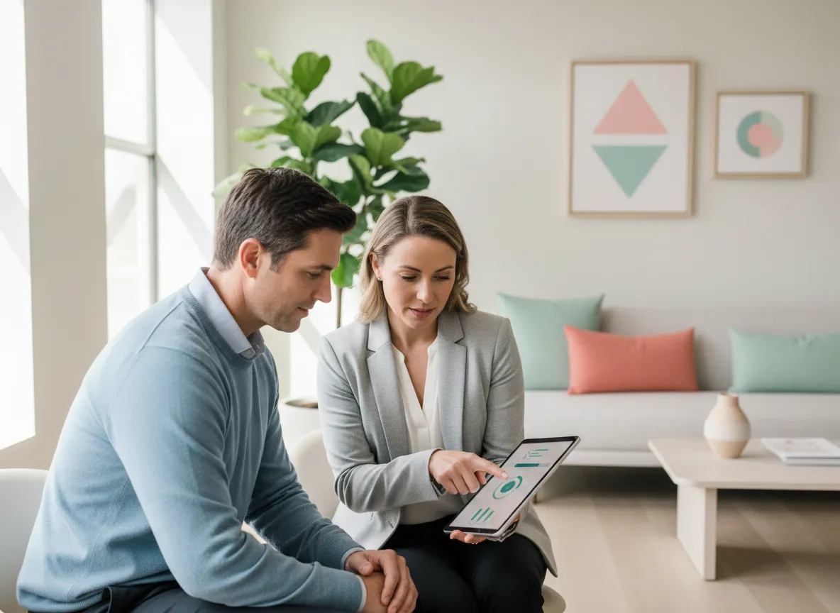 Rush More Claims team member walking a homeowner through claim documents in a bright, modern office.