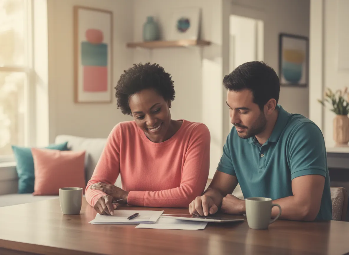 Friendly claims adjuster reviewing documents with a local homeowner at a kitchen table.